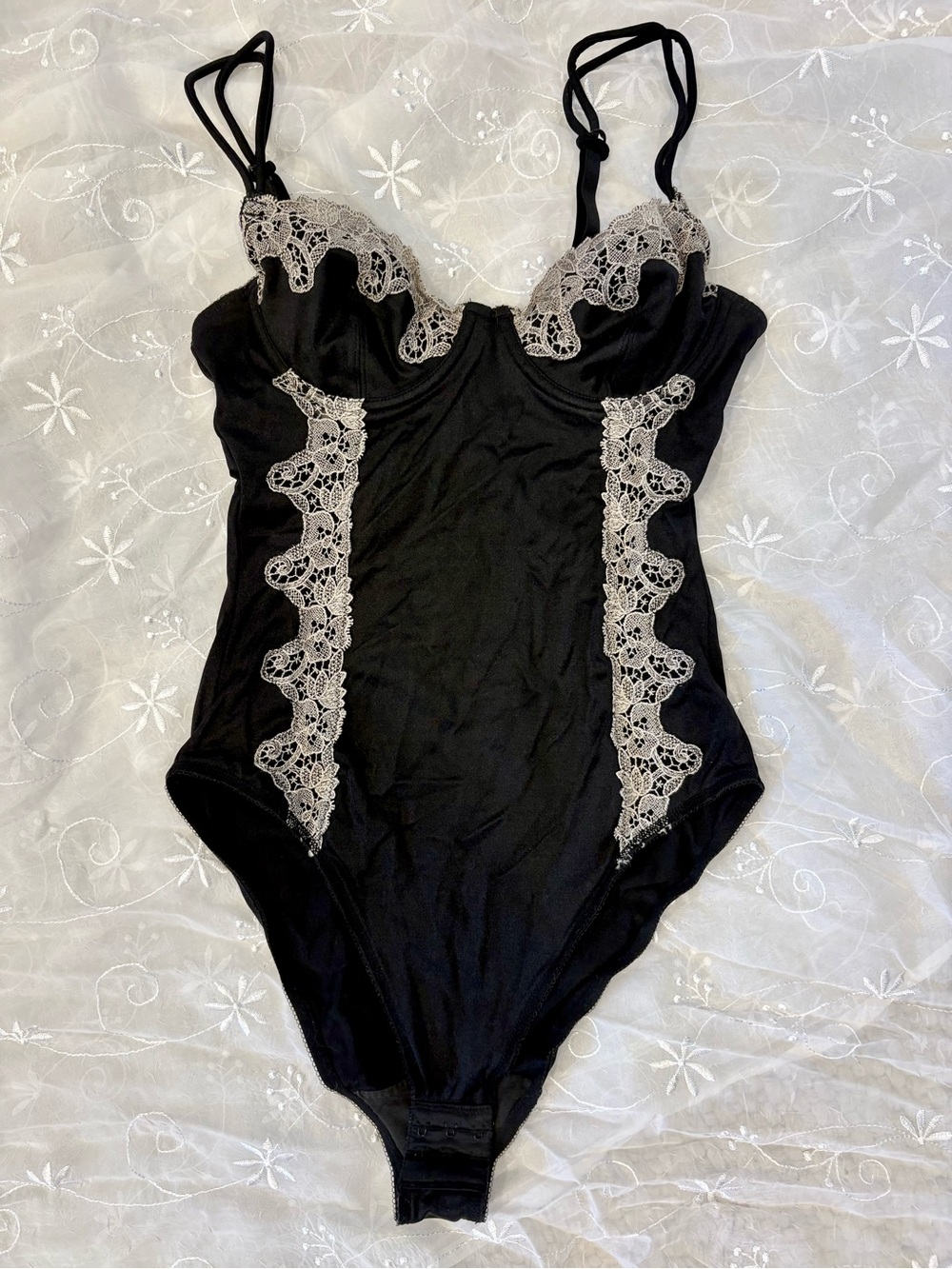REAL VINTAGE Black Lace-Trim Babydoll Coquette Bodysuit